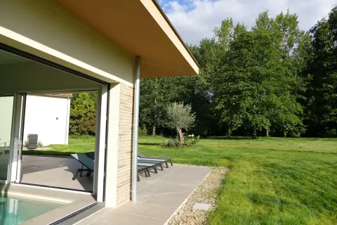 La piscine et la terrasse, bordées d'un olivier